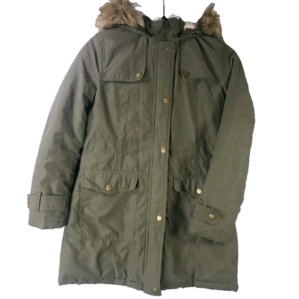 Rothschild Girls Size 14 Olive Green Hooded Parka Coat Faux Fur Trim Jacket